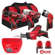 Наборы электроинструментов Milwaukee M12 M12BPP4A-202B 4933441240 (шуруповерт, винтоверт, фонарик, сабельная пила, 2 АКБ, сумка)