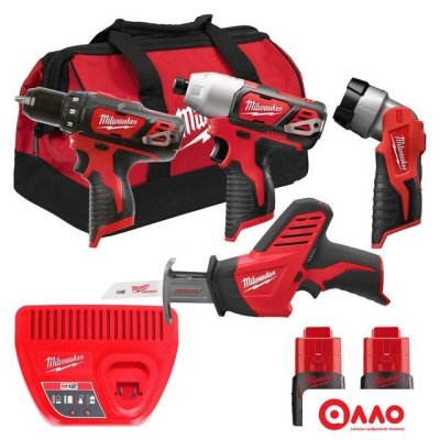 Наборы электроинструментов Milwaukee M12 M12BPP4A-202B 4933441240 (шуруповерт, винтоверт, фонарик, сабельная пила, 2 АКБ, сумка)